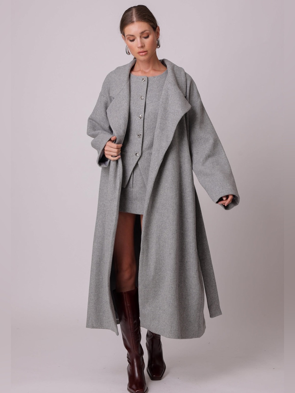 Line & Dot Damson Coat Wool Grey Long Lapel Jacket Trench Belted Women’s Small